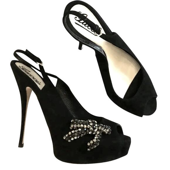 Gucci 8 Rhinestone Bow $1120 Slingback  Platform Heels Suede Peeptoe Pumps 38 - Picture 4 of 14
